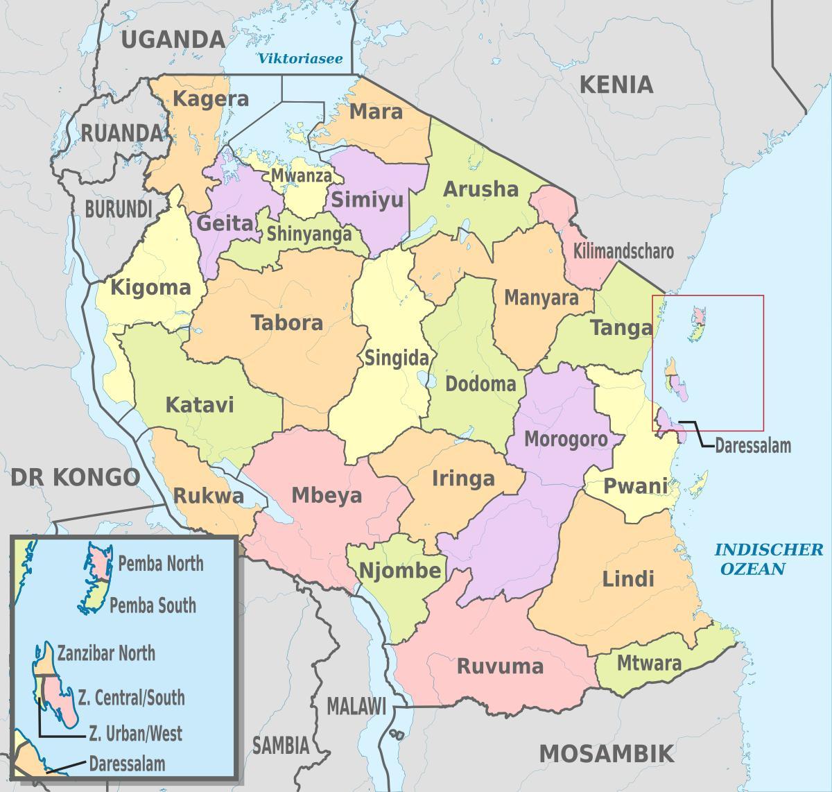 karte tanzānija rāda reģioniem un rajoniem