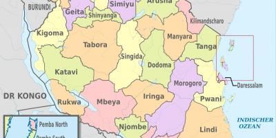 Karte tanzānija rāda reģioniem un rajoniem