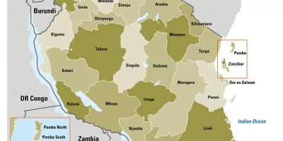 Karte tanzānija rāda reģionos