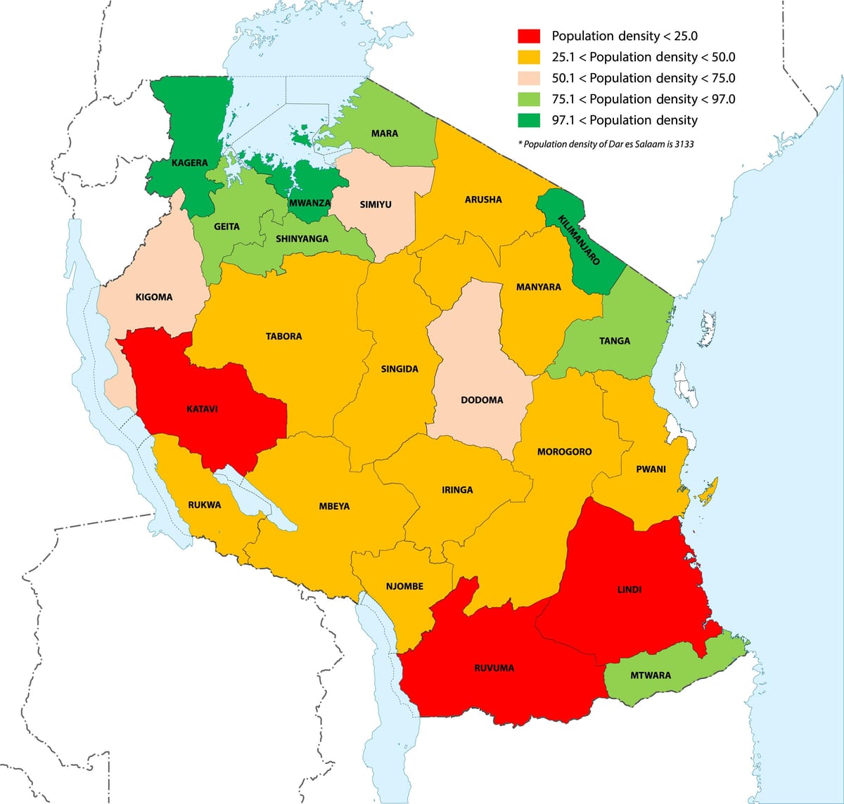 tanzānijas iedzīvotāju blīvums karte