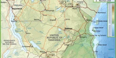 Tanzānija ceļu karte ar kilometrus